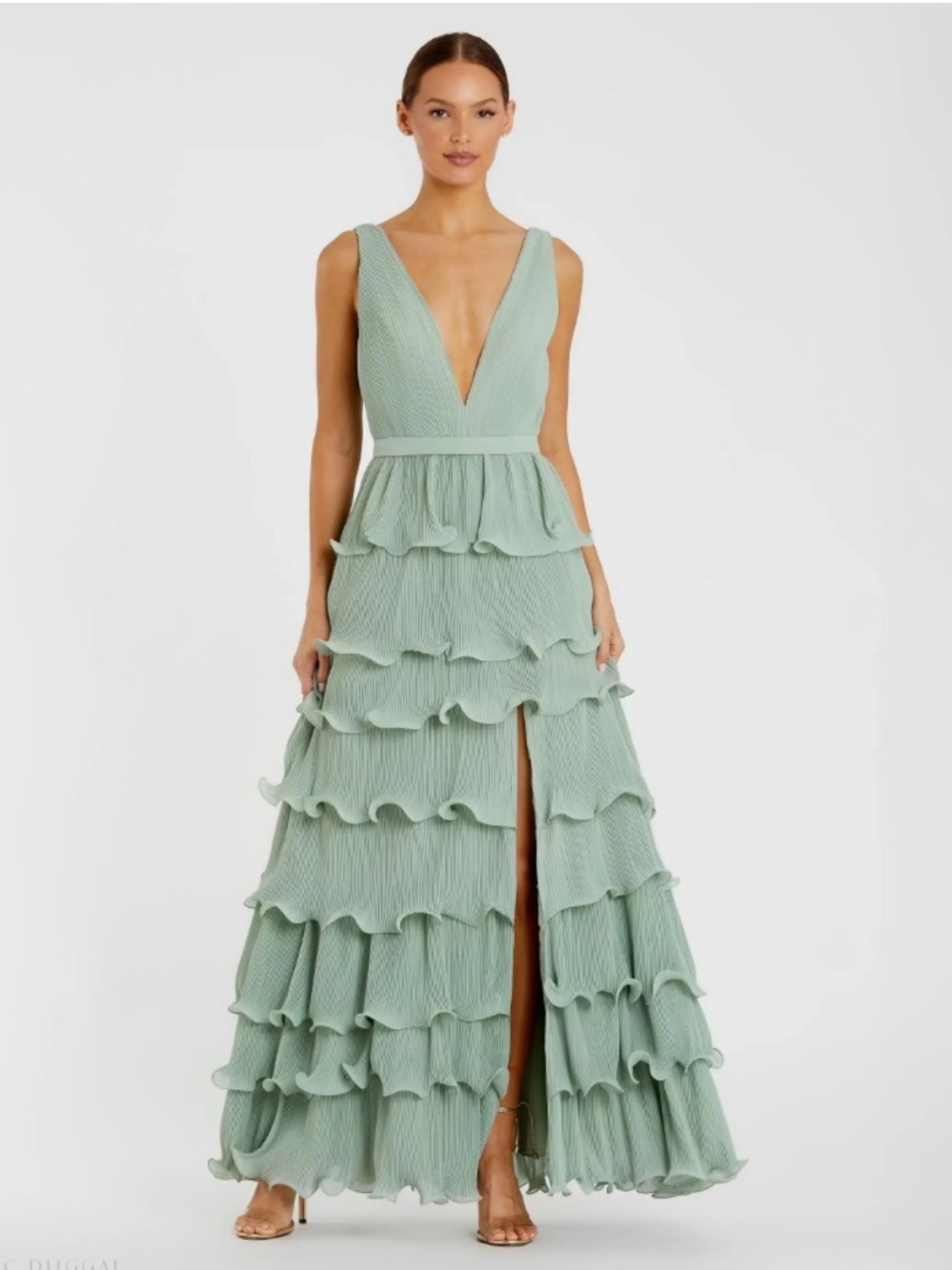 IEENA FOR MAC DUGGAL - Green Sleeveless Ruffle Tiered V Neck Gown